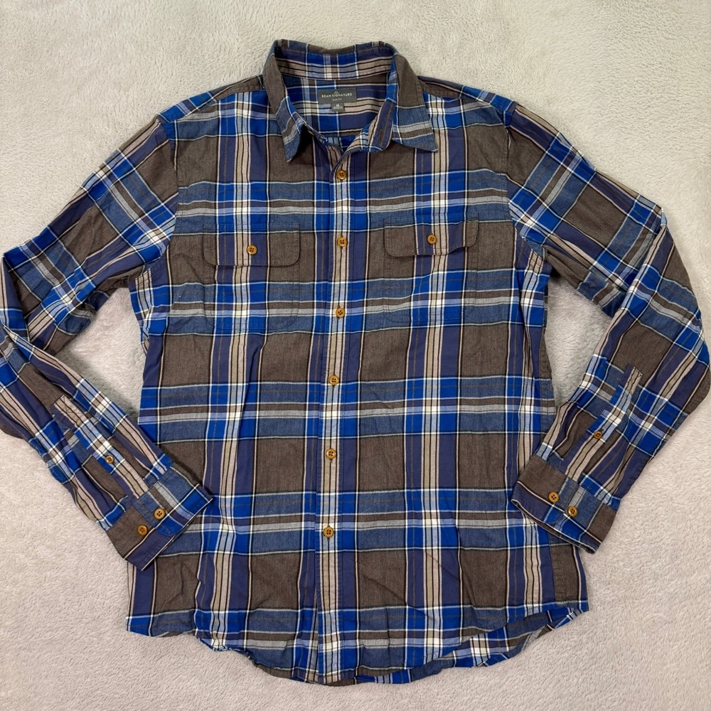 LL Bean Signature Mens Medium Slim Fit Plaid Flannel Button Shirt Blue Cotton